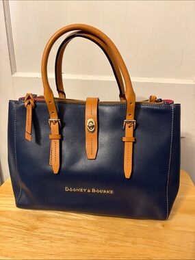 Dooney & Bourke Navy and Tan Leather Satchel with Gold Hardware